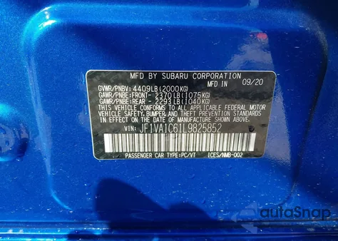 2020 Subaru Wrx Premium из США, поврежденный, VIN JF1VA1C61L9825852